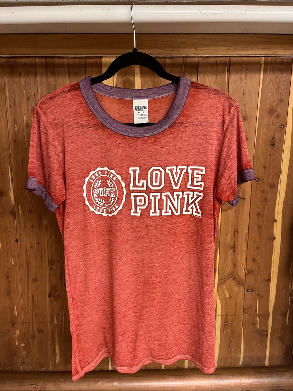 PINK Victoria's Secret Red Heather 'LOVE PINK' Ringer Tee with Purple Trim